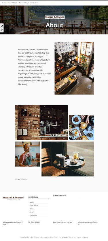 About webpage with images of cafe interior, food, employees, and text about Roasted and Toasted.