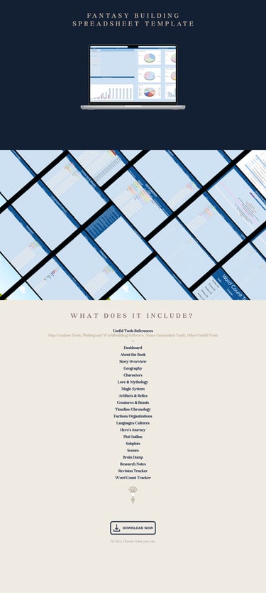 Fantasy world building spreadsheet template for writers and authors on a laptop screen.