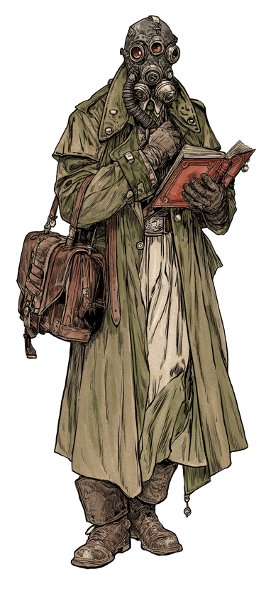 A human figure in a green cloak coat wearing a gas mask and reading a book