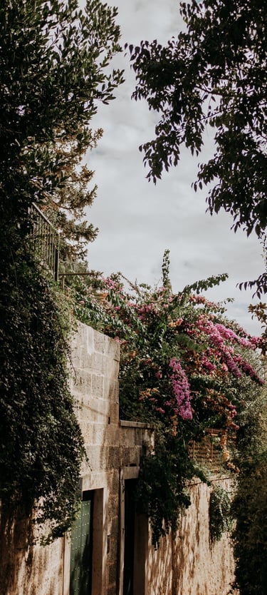 Bride and groom walking along the city walls, Dubrovnik wedding