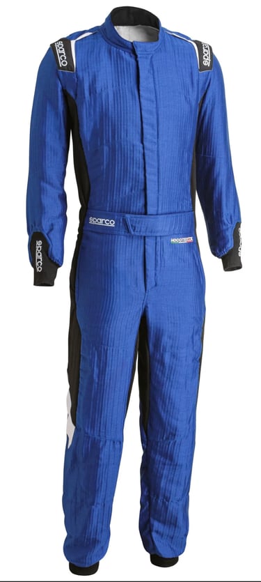 Professional blue Sparco racing suit with fire-retardant Hocotex technology and black accents for motorsports.