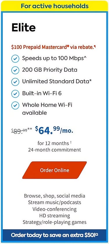 Elite internet plan flyer offering 100 Mbps speeds and Wi-Fi 6 for active households.