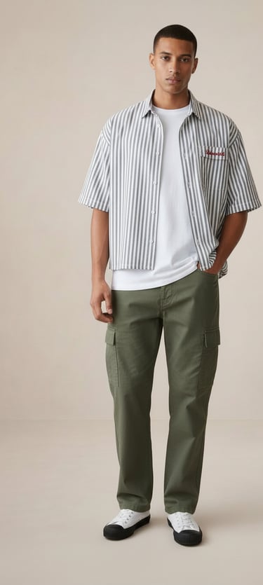 CAMISA MANGA CORTA HOMBRE CORTE BOXY FIT RAYAS VERTICALES NEGRO Y BLANCO ESTILO URBANO