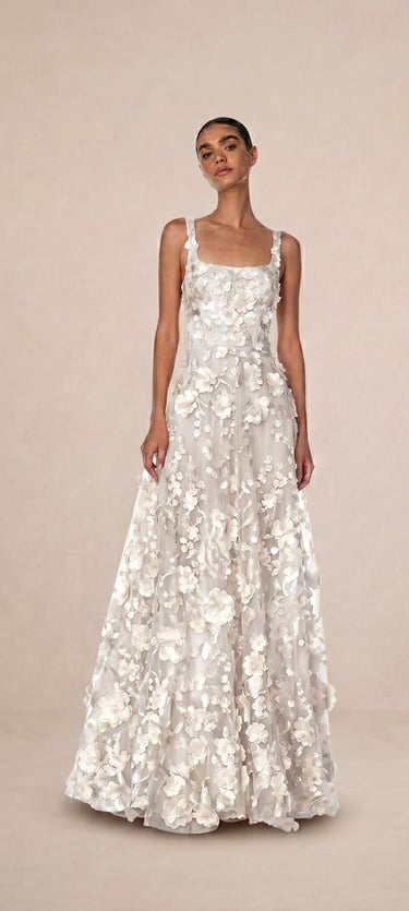 vestido de gala largo con apliques de flores 3d color blanco puro para mujer