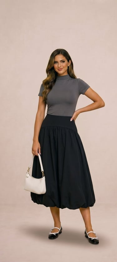 Falda midi burbuja de popelina negro azabache streamgirl para mujer
