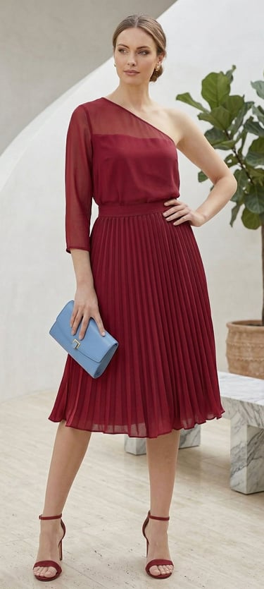  Falda midi plisada · Rojo borgoña · Cintura alta · Estilo cóctel