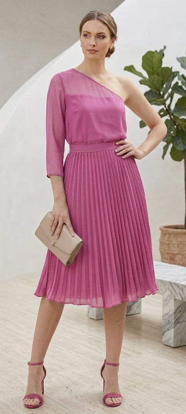 Falda midi plisada · Rosa fucsia · Cintura alta · Tejido de gasa