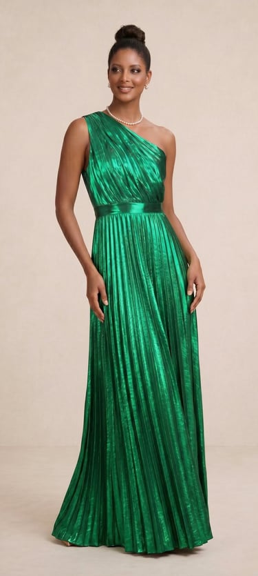vestido asimetrico con el color verde metalico para damas