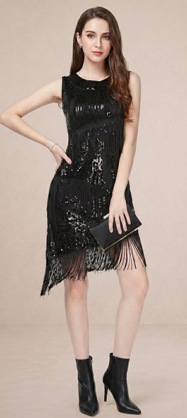 vestido corto de lentejuelas negro azabache con flecos asimétricos para mujer