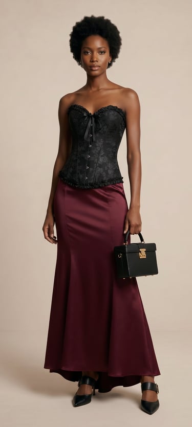 top corse estructurado jacquard con broches frontales y detalles de volantes color negro azabache 