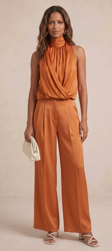 blusa satinada de cuello alto con drapeado cruzado frontal color naranja terracota para mujer