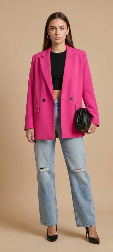 blazer cruzado de silueta oversize con botones oscuros y bolsillos de solapa color rosa fucsia para 