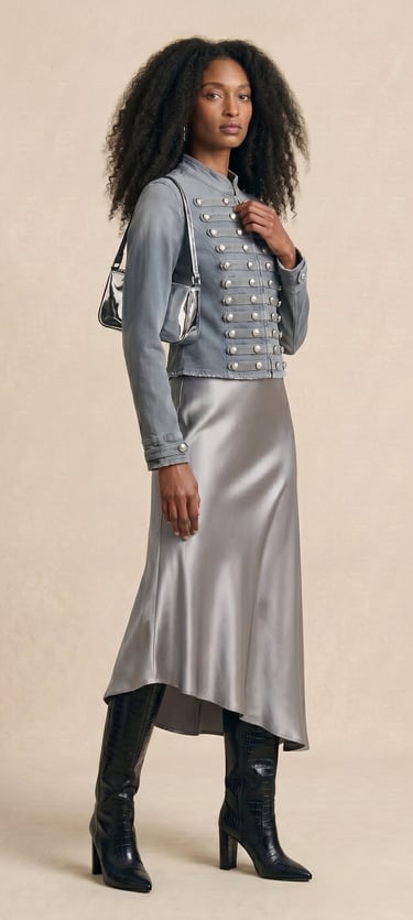 chaqueta militar napoleonica con botones plateados y cuello alto color gris lavado para mujer