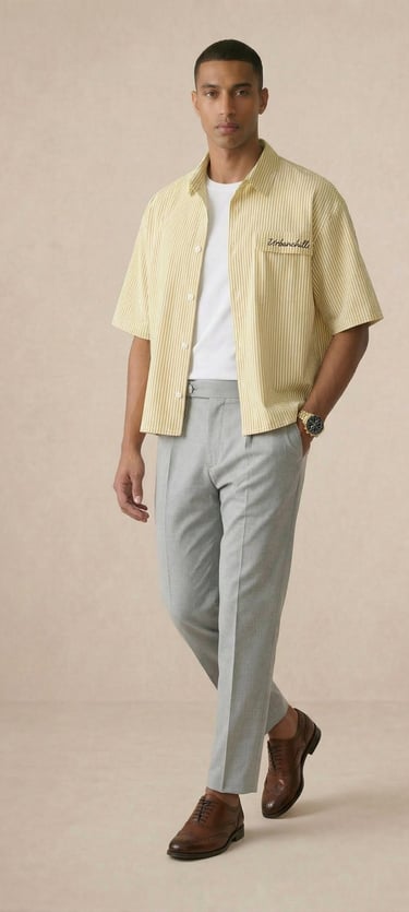 CAMISA MANGA CORTA HOMBRE CORTE BOXY FIT RAYAS VERTICALES AMARILLO Y BLANCO ESTILO URBANO