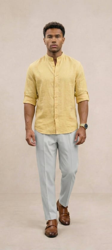 Camisa de lino hombre cuello Mao color amarillo trigo corte holgado casual