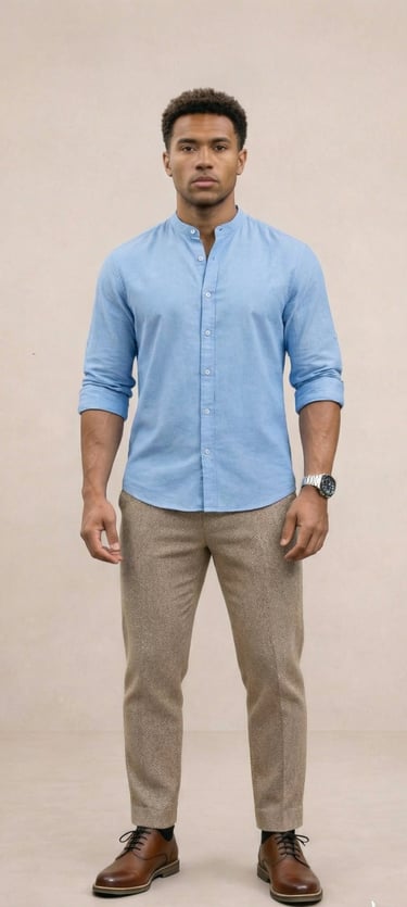 Camisa de lino hombre cuello Mao azul cielo corte holgado casual 