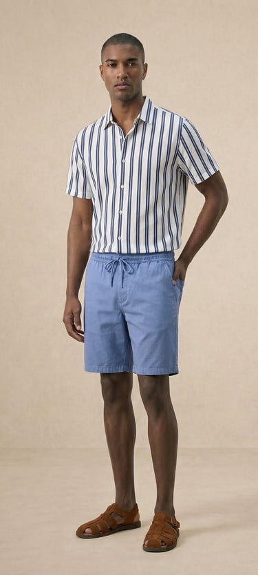 Pantalón corto de lino para hombre azul índigo con cordón ajustable casual