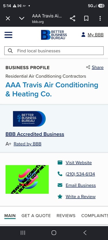 Better Business Bureau profile for AAA Travis Air Conditioning & Heating Co with contact information.