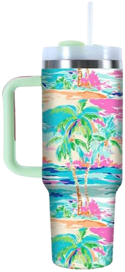 Insulated 40oz travel tumbler with handle and straw featuring a tropical palm tree and beach pattern.