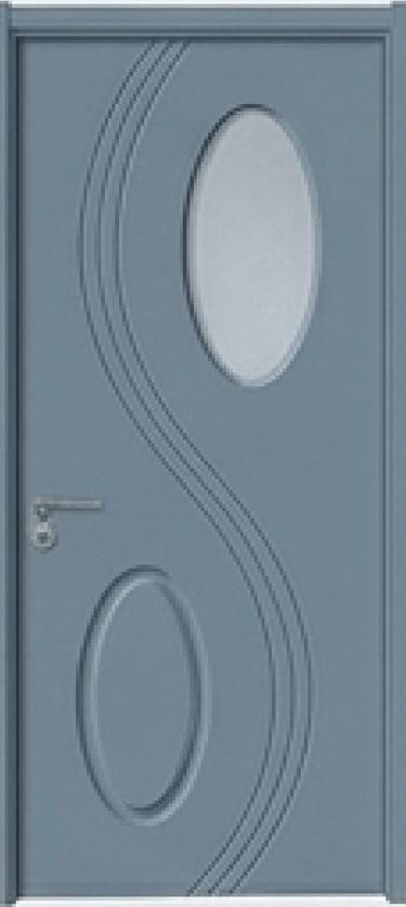 Modern slate gray interior door with an oval glass insert and elegant S-shaped decorative grooves.