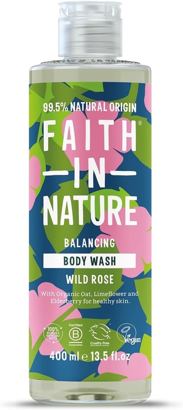 a bottle of faith's bath soap with pink flowers
