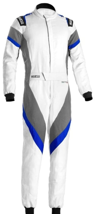 White Sparco racing suit with grey and blue accents for professional motorsport drivers.