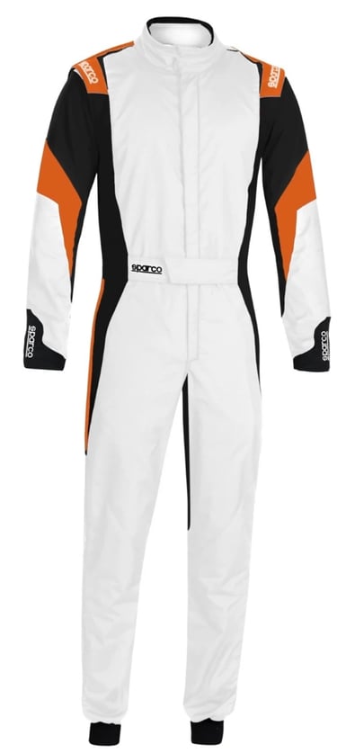 White Sparco professional racing suit with orange and black accents for motorsports safety.