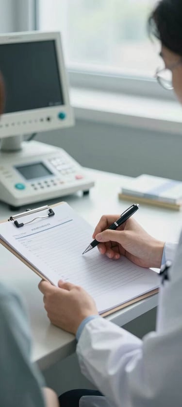 Medium environmental shot inside a clinical admission office: a psychiatrist seated at a desk reviews a patient intake chart under soft north-facing daylight, pen in hand, medical binder open, a monitoring station visible in the background — clean, institutional setting, no posed smiles, cool overcast light