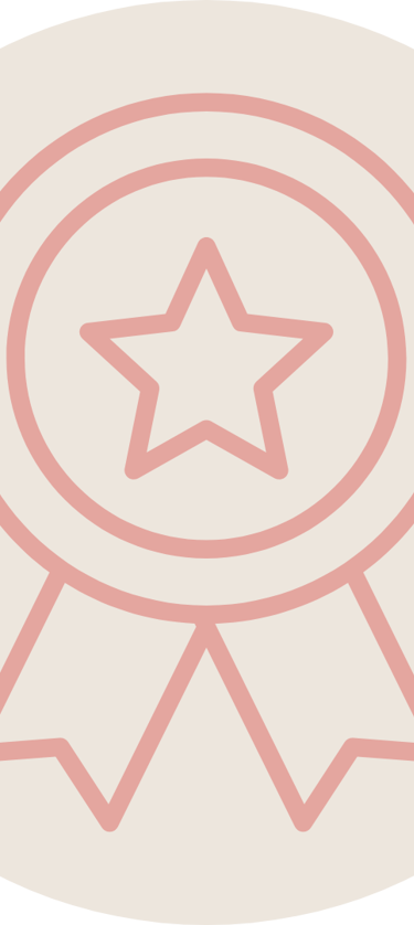 A minimalist pink line art icon of a quality award ribbon with a star symbol on a neutral background.