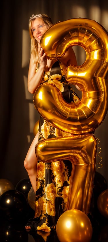 a woman holding a giant gold number eight