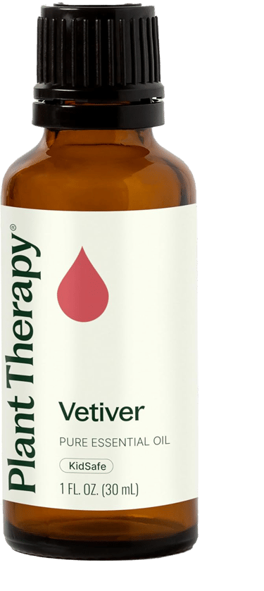Amber bottle of Plant Therapy Vetiver essential oil, labeled KidSafe and 1 fl oz.