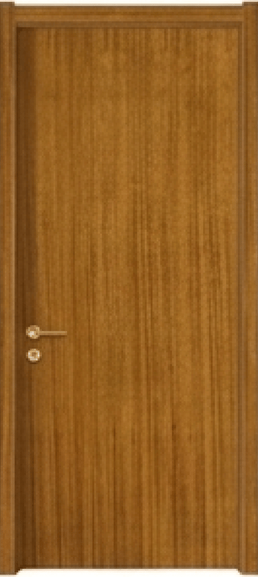 Modern interior flush wood door with vertical teak grain finish and a brass lever handle.