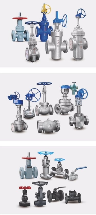 A variety of industrial gate, globe, and ball valves for pipeline flow control.