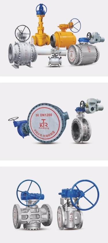 Various industrial Kairute valves including stainless steel ball, butterfly, and gate valves for flow control.