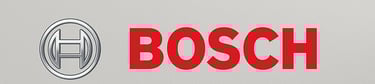 Close-up image of a stainless steel Bosch dishwasher with the Bosch logo prominently displayed 