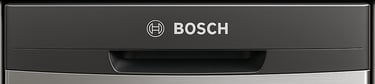 Close-up image of a stainless steel Bosch dishwasher with the Bosch logo prominently displayed 