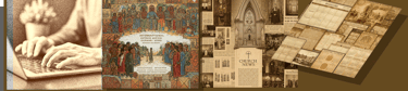 Collage of hands typing, diverse peoples, church newz, and calendar