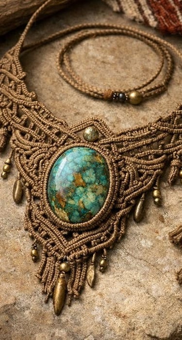 Collar de macrame hecho con piedra de tigre sobre rocas