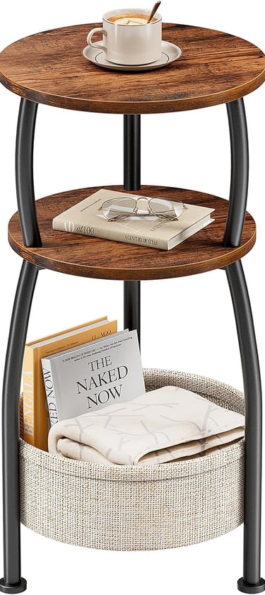 Round Side Table for Small Spaces with Storage Basket –Small End Table 3-Tier Night Stand Sofa