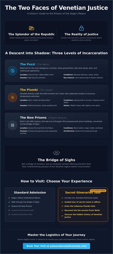 Infographic guide to the prisons of the Doge's Palace in Venice including the Bridge of Sighs and Piombi cells.