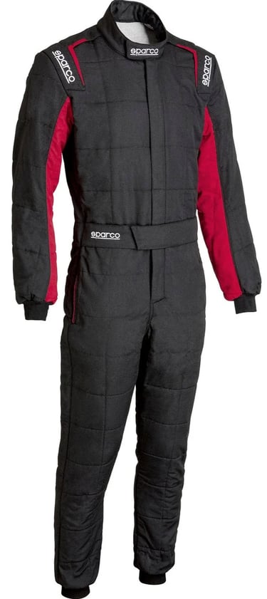 Black and red Sparco fireproof racing suit for professional motorsport drivers on white background.