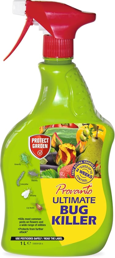 Provanto Ultimate Bug Killer ready-to-use spray bottle for controlling garden pests on plants.
