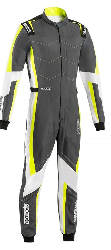 Sparco racing suit in grey, white, and neon yellow for professional motorsport drivers.