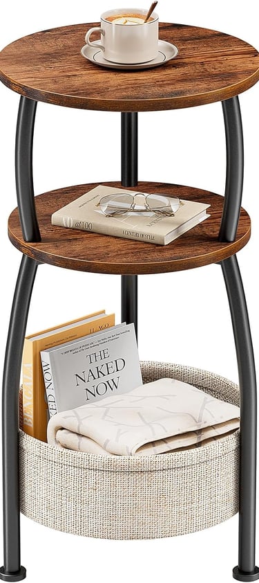 Round Side Table for Small Spaces with Storage Basket –Small End Table 3-Tier Night Stand Sofa