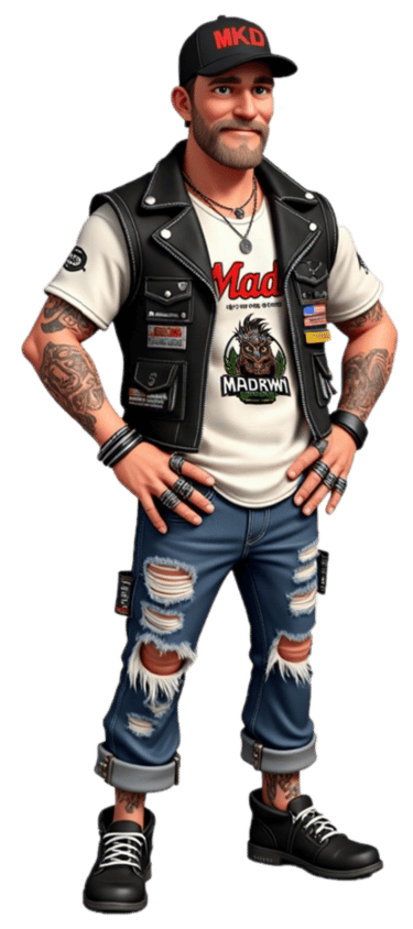 Graphic Designer Lance Scott MadKiwi in leather jacket and jeans with a white shirt and black pants