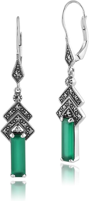 Vintage Inspired Art Deco Green Chalcedony & Marcasite Drop Earrings 925 Sterling Silver. Gemondo 