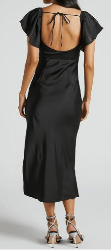 black satin calf length dress with u shape back cut out