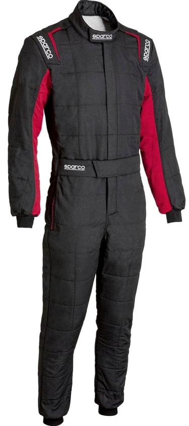 Black and red Sparco fireproof racing suit for professional motorsport drivers on white background.