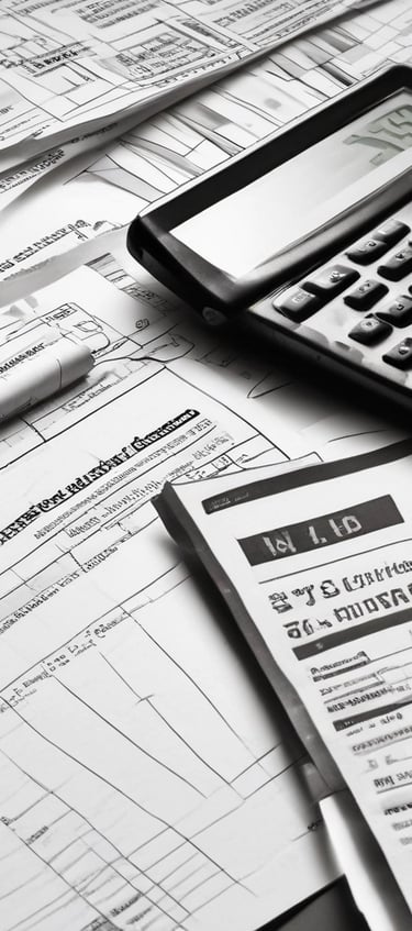 A neatly arranged setup featuring tax documents on top of a light-colored folder. An envelope and a sticky note are placed on the left side. A black pen is positioned near the paperwork. A coffee cup sits above the documents, suggesting a moment of work or review.
