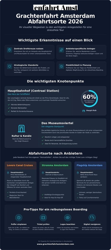 Infografik zur Amsterdam Grachtenfahrt 2026 mit Tipps zu Abfahrtsorten wie Centraal Station und Museumsviertel.